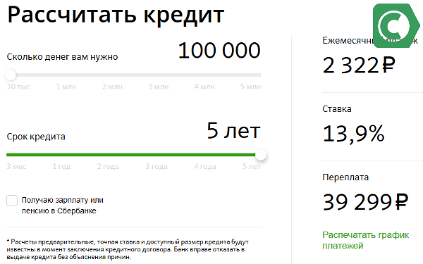 Взять в кредит 100000 рублей в сбербанке рассчитать калькулятор онлайн